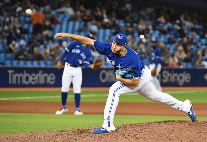 Sep 30, 2021; Toronto, Ontario, CAN; Toronto Blue Jays relief pitcher Nate Pearson (24) delivers a pitch against New York Yankees in the seventh inning at Rogers Centre. Mandatory Credit: Dan Hamilton-USA TODAY Sports